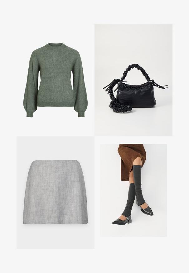 Maglione verde a costine in maglia con collo alto e maniche lunghe e voluminose. Presenta una finitura testurizzata e polsini aderenti.; Hollister Co. Camicia - dark blue; Gonna grigia con un tessuto liscio e texture, caratterizzata da un taglio dritto e senza decorazioni visibili. Design semplice e minimalista.; Scarpe nere in pelle verniciata con punta affilata, tacco a blocco e cinturino alla caviglia, abbinate a scaldamuscoli grigi a coste e una gonna in suede marrone.; Borsa a tracolla in ecopelle nera con texture a coccodrillo, apertura cinchata e tracolla arricciata. Si presenta con un design morbido e compatto.