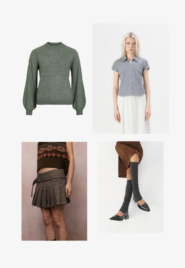 Green ribbed knit sweater with a high neck and long, voluminous sleeves. Features a textured finish and fitted cuffs.; Hollister Co. Button-down blouse - dark blue; Person wearing a brown patterned sleeveless sweater and a high-waisted pleated plaid mini skirt with a belt against a plain wall.; Black patent leather pointed-toe shoes with a block heel and ankle strap, paired with gray ribbed leg warmers and a brown suede skirt.