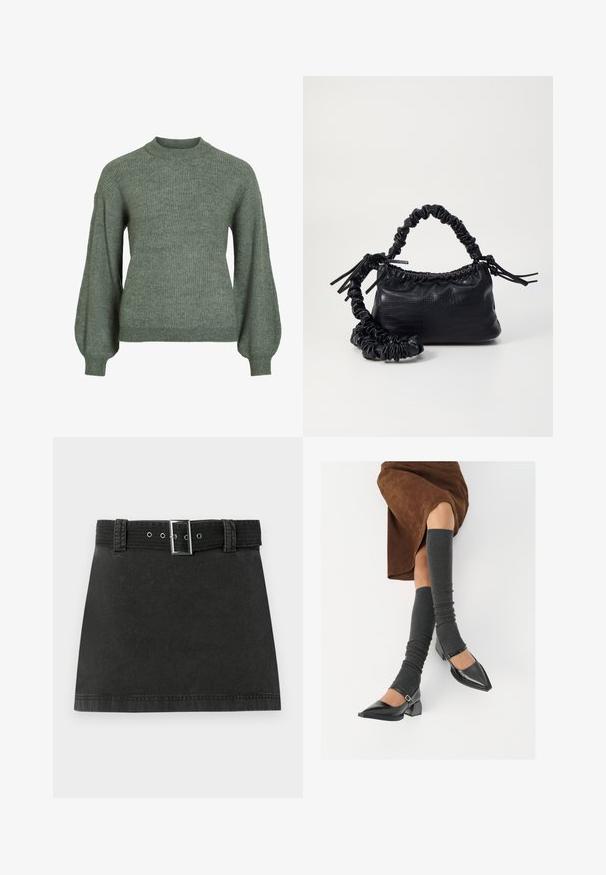 Zeleni rebrasti pleteni džemper s visokim ovratnikom i dugim, voluminoznim rukavima. Ima teksturirani završetak i prianjajuće manžete.; Crna traper mini suknja s odgovarajućim remenom koji ima metalnu kopču i petlje za remen, prikazana ravno na bijeloj pozadini.; Crne lakirane cipele s šiljastim prstima, blok-petom i remenom oko gležnja, uparene s sivim rebrastim čarapama do koljena i smešnom suknjom od antilopa.; Crna torba od umjetne kože s teksturom krokodila, s cinčanim vrhom i naboranom trakom. Izgleda mekano i kompaktno u dizajnu.