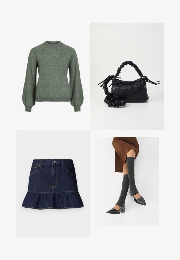 Pull en maille côtelée verte avec un col montant et des manches longues et volumineuses. Présente une finition texturée et des poignets ajustés.; Jupe en denim foncé avec ourlet volanté, design à cinq poches, passants de ceinture et fermeture à boutons à l'avant. Texture lisse et coupe droite.; Chaussures à bout pointu en cuir verni noir avec un talon bloc et une bride à la cheville, accompagnées de jambières en maille grise et d'une jupe en daim marron.; Sac à main en simili cuir noir avec une texture crocodile, un dessus resserré et une sangle froncée. A l'apparence douce et compacte.
