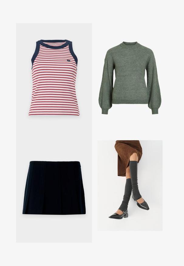 Roheline soonikuga kampsun kõrge kaelusega ja pikkade, mahukate varrukatega. Omadused: tekstuurse viimistlusega ja kitsad varrukaotrused.; Ribaga tank top, millel punaste, valgete ja siniste horisontaalsete triipudega, millel on tumesinised ääred kaela- ja käiseaukudel. Pehme ribakujuline tekstuur.; Must mustriga mini seelik, mis on valmistatud kangast. Omab sirget vöönda ja mitu vertikaalset voldikut kuju ja tekstuuri loomiseks.; Mustad patsaline odav värviga kingad, millel on kreen ja pahkluuring, on paaritatud hallide ribakudumitega sääremiidega ja pruunist nahast seelikuga.