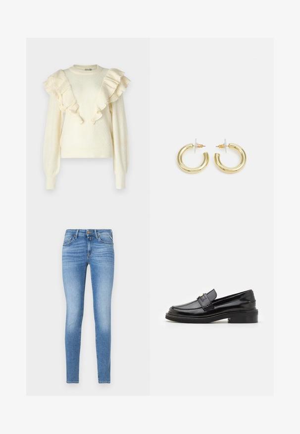 YAS YASALUMA - Jumper - birch; Light blue skinny jeans with slight fading, five pockets, and a front button closure. Made of denim with a smooth texture.; Black patent leather loafer with a smooth finish, a stitched detailing at the front, and a low block heel for support. Gold accent on the strap.; Gold hoop earrings with a smooth, shiny finish. Circular design featuring a small post and clear backing for secure wear.