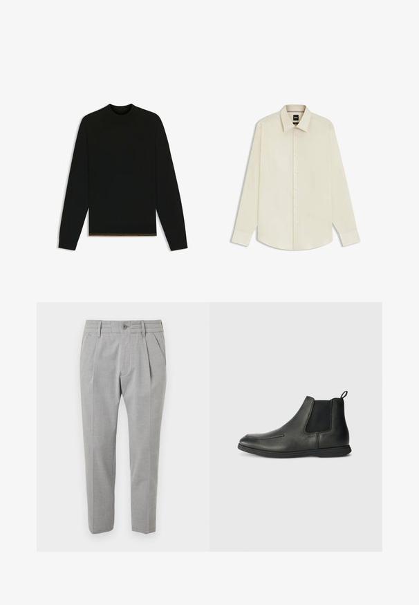 Zwarte gebreide trui met lange mouwen en een hoge nek. Bevat een gouden accent aan de zoom. Gladde textuur en getailleerd ontwerp.; BOSS JOE KENT - Zakelijk overhemd - open white eleven; Grijze op maat gemaakte pantalons met een gladde textuur, voorzien van een geplooide uitstraling, zijzakken, een broekband met lussen en een knoopsluiting.; Zwarte leren enkelboots met een gladde textuur, elastische zijpanelen en een trekband aan de achterkant. Rondneus en rubberen zool.