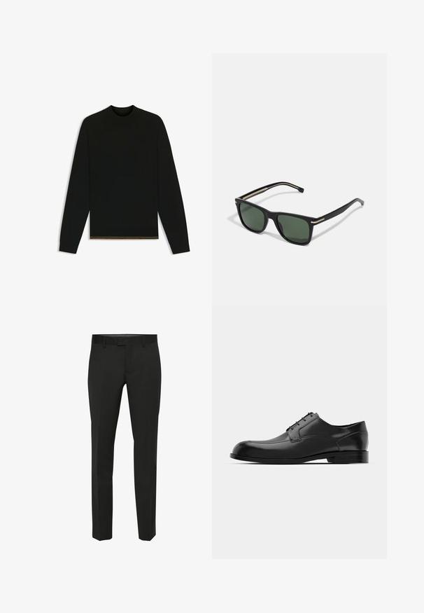 Black knit sweater with long sleeves and a high neck. Features a gold accent at the hem. Smooth texture and fitted design.; Black trousers with a straight-leg cut, smooth texture, and a flat front. Features a belt loop waistband and subtle seam detailing.; Black leather dress shoe featuring a rounded toe, smooth texture, minimal seams, and a flat sole with subtle branding on the heel.; BOSS Sunglasses - black