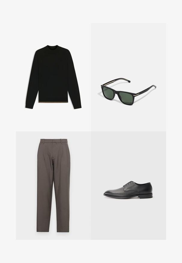 Black knit sweater with long sleeves and a high neck. Features a gold accent at the hem. Smooth texture and fitted design.; Jack & Jones JPSTBILL JJDAYTONA WIDE - Trousers - pavement; Black leather men's dress shoe with laces, low heel, and smooth, slightly textured finish on plain white background.; BOSS Sunglasses - black; Silver-tone ring with a geometric shape featuring a flat top and polished finish, marked with "ALLSAINTS" on the inner band.