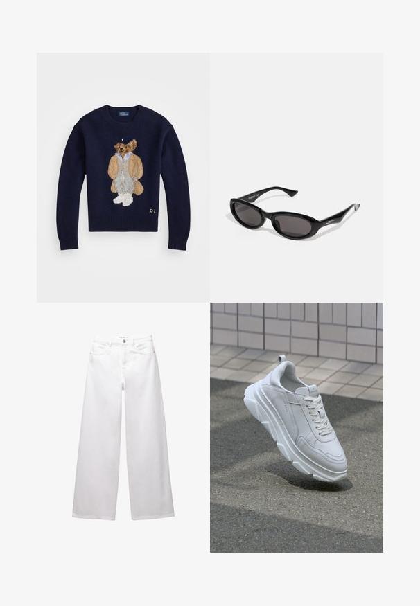 Marinblå sweater med en detaljeret broderet bjørn iført en lys jakke og grå bukser, med ribbestrikkede ærmer og rund hals.; Hvide brede ben jeans lavet af denim. Har knaplukning, front- og baglommer samt syede sømme. Glat tekstur med minimal detaljering.; Hvide lædersneakers med en tyk, tekstureret gummisål, der har snørebåndslukning og syninger. Rund tå og design med ankelstøtte.; Sorte ovale solbriller med mørke linser. Selen er slank, let blank plast med vinklede ender og subtil branding på stængerne.