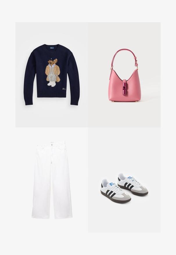 Pulover bleumarin cu un urs brodat detaliat, purtând o haină bej și pantaloni gri, dotat cu manșete cu model și guler rotund.; Jeans albi cu picioare largi, realizate din denim cu o textură netedă. Dispune de o închidere cu buton și fermoar, având două buzunare frontale și două buzunare posterioare.; Încălțăminte sport cu un superior din piele albă, vârf din suede gri și trei dungi negre. Prezintă un logo albastru pe limbă și o talpă din cauciuc texturat.; Geantă de mână din piele roz, cu o formă structurată, având un închizător lucios și o curea ajustabilă simplă. Finisaj texturat cu accesorii aurii.