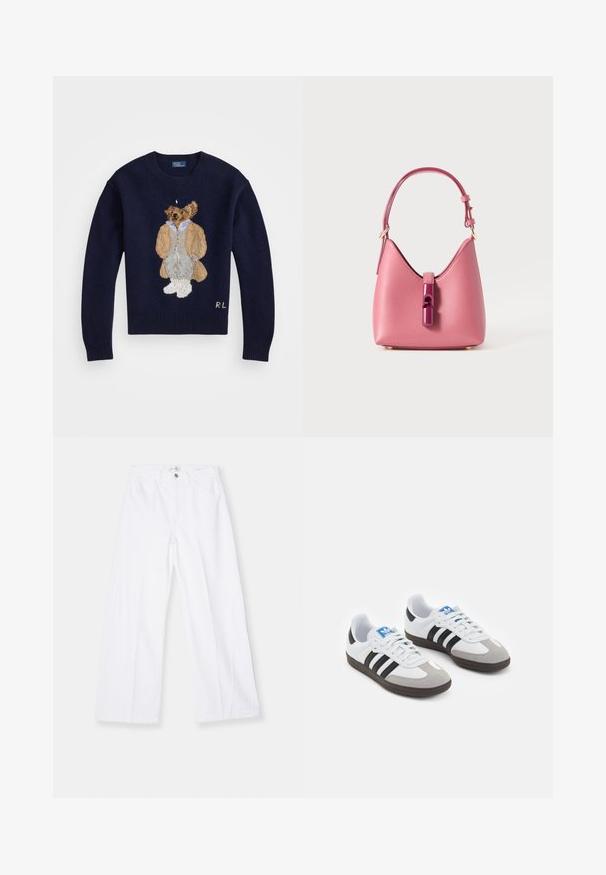 Marinblå sweater med en detaljeret broderet bjørn iført en lys jakke og grå bukser, med ribbestrikkede ærmer og rund hals.; FRAME BAGGY PALAZZO - Wide leg - white; Sportsko med en overdel i hvid læder, grå ruskind på tåen og tre sorte striber. Har et blåt logo på tungen og en struktureret gummisål.; Lyserød læderhåndtaske med en struktureret form, der har en blank accenteringslås og en enkelt justerbar rem. Tekstureret finish med guldhardware.