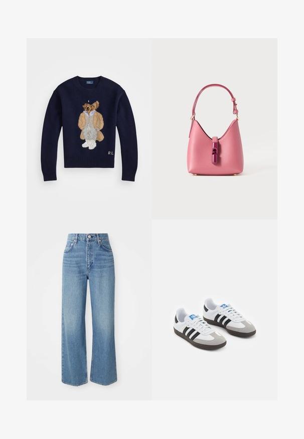 Granatowy sweter z detalicznym haftem przedstawiającym niedźwiedzia w beżowym płaszczu i szarych spodniach, z prążkowanymi mankietami i okrągłym dekoltem.; Jasnoniebieskie dżinsy o wysokim stanie, szerokich nogawkach i surowym wykończeniu. Posiadają tradycyjny pięciokomorowy fason oraz zapięcie na srebrny guzik.; Buty sportowe z białą skórzaną cholewką, szarym zamszowym noskiem i trzema czarnymi paskami. Posiadają niebieskie logo na języku oraz teksturowaną gumową podeszwę.; Różowa skórzana torebka o strukturalnym kształcie, z błyszczącym zapięciem i jedną regulowaną rączką. Teksturowana powierzchnia z złotymi akcentami.