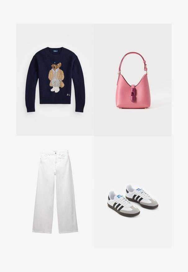 Marinblå sweater med en detaljeret broderet bjørn iført en lys jakke og grå bukser, med ribbestrikkede ærmer og rund hals.; Hvide brede ben jeans lavet af denim. Har knaplukning, front- og baglommer samt syede sømme. Glat tekstur med minimal detaljering.; Sportsko med en overdel i hvid læder, grå ruskind på tåen og tre sorte striber. Har et blåt logo på tungen og en struktureret gummisål.; Lyserød læderhåndtaske med en struktureret form, der har en blank accenteringslås og en enkelt justerbar rem. Tekstureret finish med guldhardware.