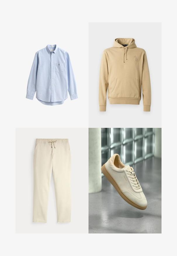 Beżowa bluza z kapturem z kieszenią kangurzą, możliwością regulacji kaptura i haftowanym detalem logo. Gładka faktura z prążkowanymi mankietami i dołem.; Jasnoniebieska koszula zapinana na guziki, wykonana z bawełny. Posiada kieszeń na piersi, długie rękawy oraz klasyczny kołnierzyk. Gładka tekstura z zaokrąglonym dołem.; Casualne spodnie w kolorze off-white z elastycznym pasem i sznurkiem, proste nogawki i boczne kieszenie na jednolitym tle.; Beżowy zamszowy sneaker z teksturowaną gumową podeszwą. Wyposażony w płaskie sznurówki, zaokrąglony nosek oraz subtelne oznaczenie po boku. Lekko wyściełany kołnierz.