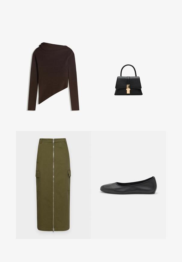 Pull en tricot côtelé marron foncé avec des manches longues, un ourlet asymétrique et un col roulé large replié.; Jupe cargo vert olive en mélange de coton, dotée d'une fermeture éclair centrale et de deux poches latérales pour plus d'utilité.; Ballerines en cuir noir avec un bout rond, texture lisse, détails de couture minimalistes et design de semelle flexible.; Sac à main structuré noir avec une texture lisse, une poignée supérieure unique et un fermoir doré à l'avant. Design minimaliste.
