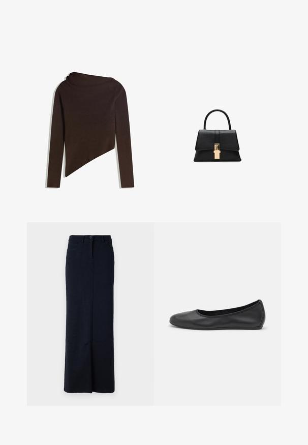 Ciemnobrązowy, prążkowany sweter z długimi rękawami, asymetrycznym dołem i szerokim, złożonym kołnierzem typu stójka.; Granatowa, długa spódnica dżinsowa o prostym kroju, zapinana na guziki z przodu, z szlufkami na pasek i kieszeniami z przodu. Gładka tekstura.; Czarne skórzane baletki z zaokrąglonym noskiem, gładką fakturą, minimalnymi przeszyciami i elastycznym designem podeszwy.; Czarna, strukturalna torebka na ramię o gładkiej fakturze, z jedną górną rączką i złotym zapięciem z przodu. Minimalistyczny design.