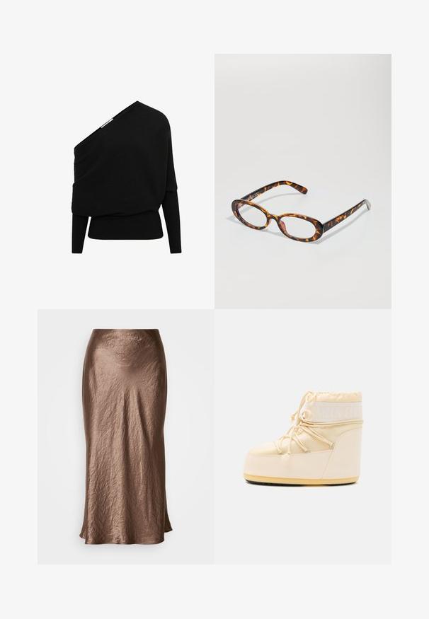 Fekete bordás pulóver aszimmetrikus, vállat a vállról leengedő kivágással, hosszú ujjal és texturált anyaggal. Feszes, alul lezárt szegéllyel rendelkezik.; Bronzszínű, közepes hosszúságú szoknya gyűrt anyagból; sima textúrájú, enyhe fényességgel; finom fodor a szegélyén.; Fény bézs színű Moon Boot, lekerekített orral, fűzőzárással és textúrált gumi talppal. Fehér márkázással és sima szintetikus anyagokkal rendelkezik.; Tortuga mintás szemüveg ovális lencsékkel, fényes felülettel, karcsú szárakkal és finom mintázattal, amely a tigris csíkjaira emlékeztet.