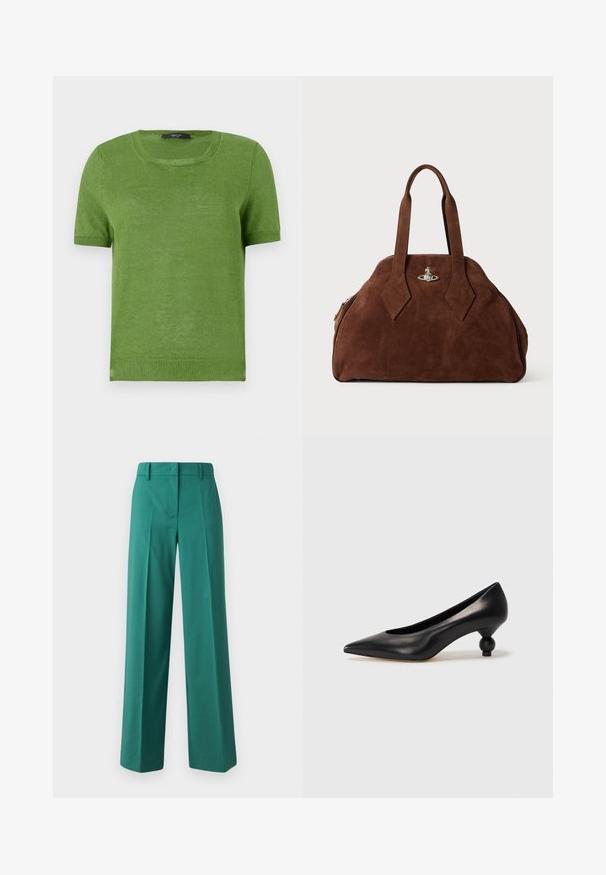 Zöld, rövid ujjú, kötött pulóver kerek nyakkal, sima textúrával és bordázott részletekkel az ujjaknál és az alján.; Zöld, széles lábú nadrág sima anyagból, testreszabott fazonnal, elöl redőzéssel és két zsebbel.; Fekete bőr magassarkú cipő, hegyes orral és kerek, gömbölyű sarokkal. Simább textúrával, elegáns, minimalista dizájnnal.; Barna velúr kézi táska, strukturált formával, kerek testtel és megnyújtott gyémánt alakú fogantyúkkal. Ezüst színű záródással rendelkezik.
