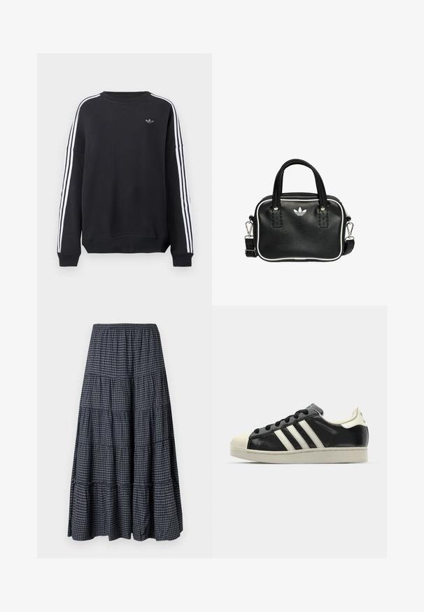 Black sweatshirt with long sleeves, white stripes running down each arm, and a small gray logo on the chest. Cotton material, casual fit.; Tiered maxi skirt in navy plaid, featuring an elastic waistband, multiple fabric layers, and a soft, textured finish.; Black leather sneaker with white stripes, rubber toe cap, black laces, and a cream-colored outsole. Smooth texture with shiny finish.; Black leather handbag with two short handles, silver hardware, white accents, and a white logo. Features a textured surface and compact design.