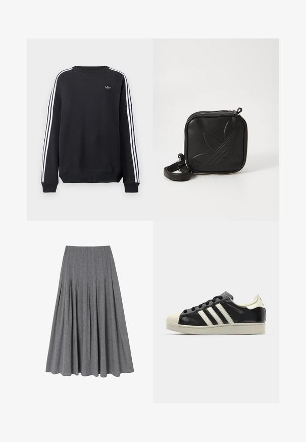 Felpa nera con maniche lunghe, strisce bianche che corrono lungo ogni braccio e un piccolo logo grigio sul petto. Materiale in cotone, vestibilità casual.; Gonna grigia plissettata realizzata in tessuto leggero. Presenta una vita aderente e si allarga dolcemente verso l'orlo con una texture liscia.; Sneaker in pelle nera con strisce bianche, punta in gomma, lacci neri e suola di colore crema. Texture liscia con finitura brillante.; Borsa a tracolla nera realizzata in materiale sintetico testurizzato. Presenta un design con logo inciso e una tracolla regolabile. Chiusura con zip.