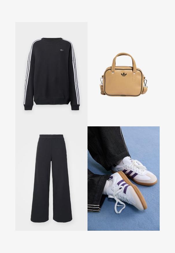 Black sweatshirt with long sleeves, white stripes running down each arm, and a small gray logo on the chest. Cotton material, casual fit.; Black wide-leg sweatpants made from soft fabric, featuring an elastic waistband and a small logo on the left side.; White athletic shoes with purple stripes and brown rubber soles, featuring round laces and a padded collar. Worn with dark denim pants.; Tan vegan leather bag with two handles, detachable shoulder strap, black accent stitching, and a small black logo on the front.