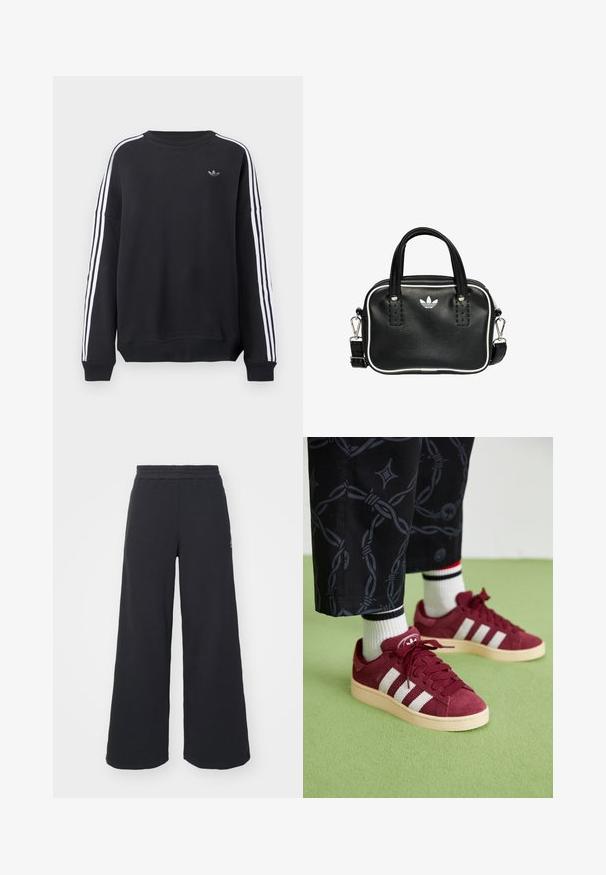 Black sweatshirt with long sleeves, white stripes running down each arm, and a small gray logo on the chest. Cotton material, casual fit.; Black wide-leg sweatpants made from soft fabric, featuring an elastic waistband and a small logo on the left side.; adidas Originals CAMPUS 00S W - Skate shoes - shadow red/off white/preloved crimson; Black leather handbag with two short handles, silver hardware, white accents, and a white logo. Features a textured surface and compact design.