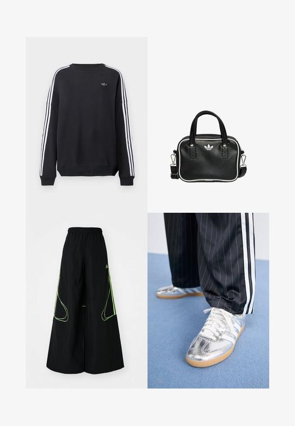 Černá mikina s dlouhými rukávy, bílými pruhy po celé délce každého rukávu a malým šedým logem na hrudi. Vyrobená z bavlněného materiálu, volný střih.; adidas Originals TEAMGEIST ADICOLOR OVERSIZED - Teplákové kalhoty - black/signal green; Metalické stříbrné tenisky s bílými tkaničkami a třemi bílými pruhy, doplněné černými kalhotami s tenkým proužkem. Gumová podrážka na spodní straně.; Černá kožená kabelka se dvěma krátkými uchy, stříbrným kováním, bílými detaily a bílým logem. Má texturovaný povrch a kompaktní design.