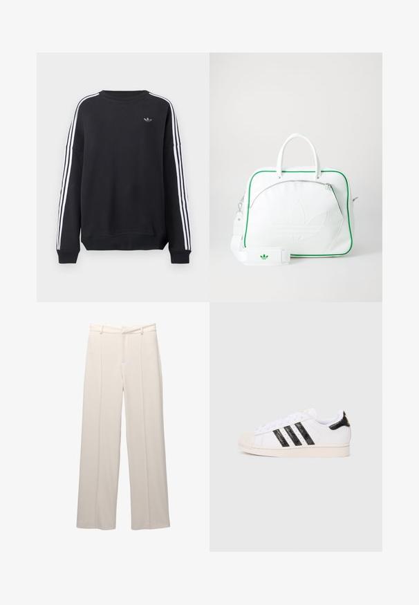 Hanorac negru cu mâneci lungi, dungi albe pe fiecare braț și un mic logo gri pe piept. Material din bumbac, croială casual.; Pantaloni largi din țesătură bej deschis, cu o textură netedă. Prezintă un talie ajustată, pliseuri frontale și fără buzunare vizibile.; Adidași albi cu dungi și accente texturate negre; au un capac de protecție din cauciuc pentru vârf, șireturi plate și amortizare în jurul gleznei.; Geantă din piele albă cu detalii verzi, având un logo embosat proeminent, mânere duale, o curea detașabilă și un buzunar cu fermoar în față.