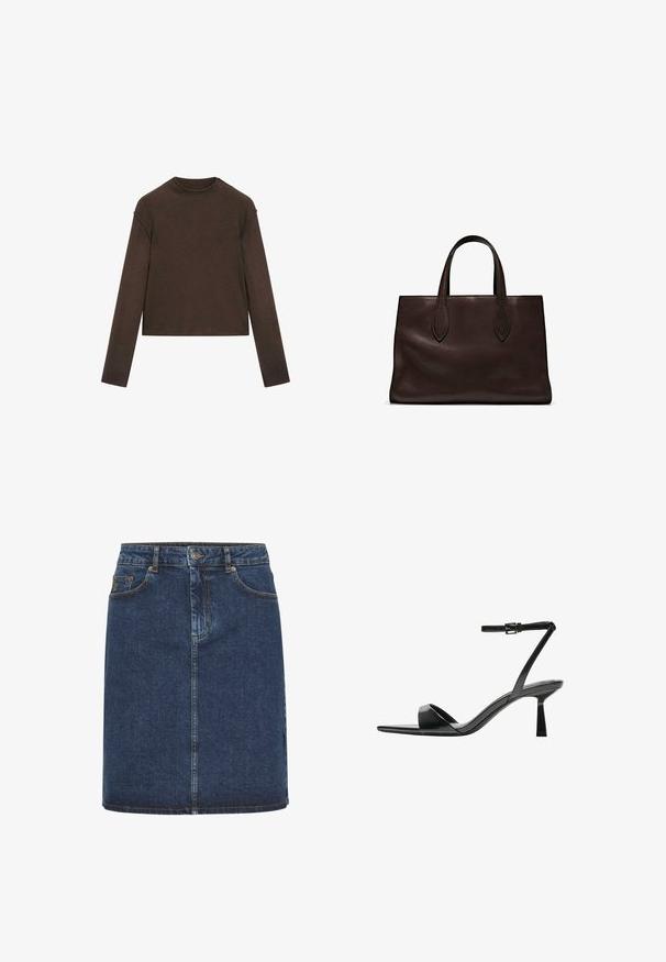 Mörkbrun tröja med lång ärm och rund hals, något kortare passform och enkel, sömlös design.; Mörkblå denimkjol med rak skärning, med knappstängning framtill, bälteshällor och två framfickor. Mjuk textur och synliga sömmar.; Bershka Sandaletter - black; Brun läder tote-väska med två avlånga handtag, strukturerad rektangulär form, slät textur och subtila sömdetaljer.