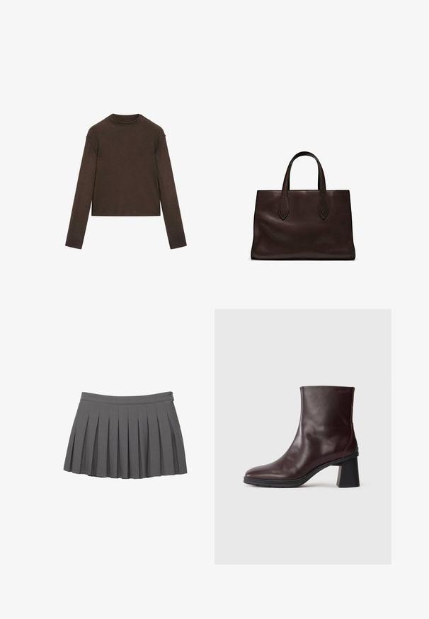 Ciemnobrązowy sweter z długim rękawem i okrągłym dekoltem, o lekko skróconym kroju i prostym, bezszwowym designie.; Szara plisowana mini spódniczka z zapinanym pasem i małym logo po prawej stronie.; Ciemnobrązowy skórzany botek sięgający kostki z blokowym obcasem i okrągłym noskiem, wyeksponowany na jednolitym jasnoszarym tle.; Brązowa skórzana torba tote z dwoma wydłużonymi uchwytami, usztywnionym prostokątnym kształtem, gładką teksturą i subtelnymi detalami przeszycia.
