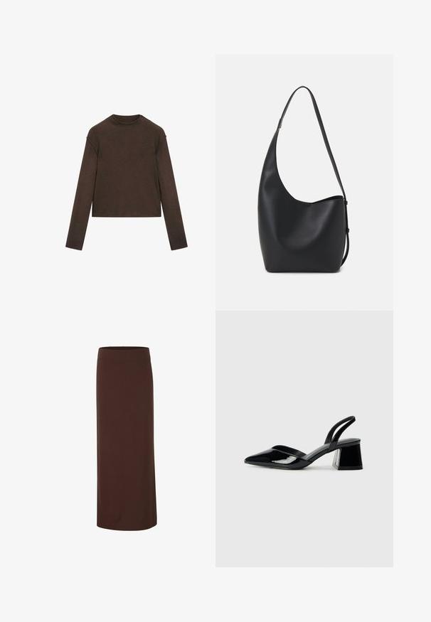 Pull marron foncé à manches longues avec col ras du cou, coupe légèrement cropée et design simple et sans coutures.; Jupe midi marron en tissu lisse, dotée d'une taille ajustée et d'une silhouette droite sans motifs ni accents visibles.; Escarpins en cuir verni noir avec bout pointu et talon bloc géométrique. Présente un design élégant et minimaliste ainsi qu'une texture lisse.; Sac hobo en cuir noir avec une texture lisse, une forme incurvée et une seule sangle réglable ; dispose d'une large ouverture en haut.