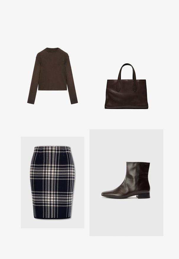 Ciemnobrązowy sweter z długim rękawem i okrągłym dekoltem, o lekko skróconym kroju i prostym, bezszwowym designie.; Spódnica ołówkowa w granatową kratę z białymi i jasnoszarymi liniami, dopasowany fason, gładka tekstura, długość do połowy uda oraz z paskiem w talii.; Brązowy skórzany botek do kostki z ostrym noskiem, gładką fakturą, średnim obcasem i prostym wzornictwem. Styl minimalistyczny, bez zdobień.; Brązowa skórzana torba tote z dwoma wydłużonymi uchwytami, usztywnionym prostokątnym kształtem, gładką teksturą i subtelnymi detalami przeszycia.
