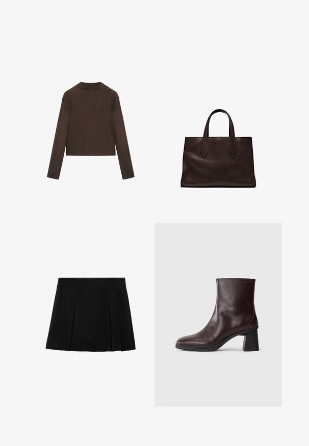 Dunkelbrauner Pullover mit Rundhalsausschnitt und langen Ärmeln, leicht cropped und schlicht, nahtlos gestaltet.; Schwarzer, plissierter Minirock aus glattem, strukturiertem Stoff mit einem dezenten seitlichen Reißverschluss. Verfügt über gleichmäßig verteilte vertikale Falten.; Dunkelbraune Lederstiefelette mit Blockabsatz und runder Zehenpartie, präsentiert auf einem schlichten hellgrauen Hintergrund.; Braune Ledertasche mit zwei langen Griffen, strukturierte rechteckige Form, glatte Textur und dezente Nähdetails.