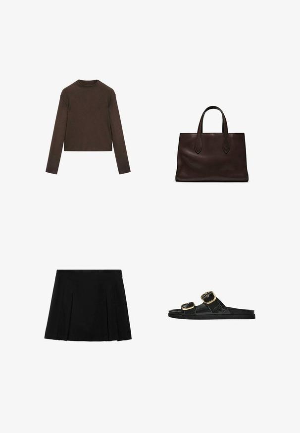 Donkerbruine trui met lange mouwen, ronde hals, iets cropped pasvorm en een eenvoudig, naadloos ontwerp.; Zwarte geplooide mini-rok van een gladde, gestructureerde stof met een discreet opening met rits aan de zijkant. Heeft gelijkmatig verdeelde verticale plooien.; Zwarte slipper met twee gouden gesps, gladde textuur, platte zool en een minimalistisch ontwerp.; Bruine leren tote bag met twee verlengde handvatten, gestructureerde rechthoekige vorm, gladde textuur en subtiele stiksels.