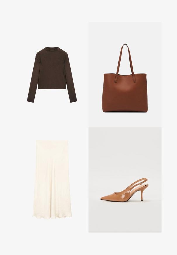 Mørkebrun langærmet trøje med rund hals, let cropped pasform og enkel, sømløs design.; Hvid, let maxi-nederdel i et struktureret stof. Har et højtaljet design og en blød drapering. Kantlinjen er blødt buet i bunden.; Spids tå slingback hæl i et glat, blankt tan materiale. Har et buet udskæring design og en slank stiletto hæl. Sølv spænde detalje.; Brun læder tote taske med en glat overflade, åben topdesign og to skulderremme. Har minimal syning og ingen synlig hardware.