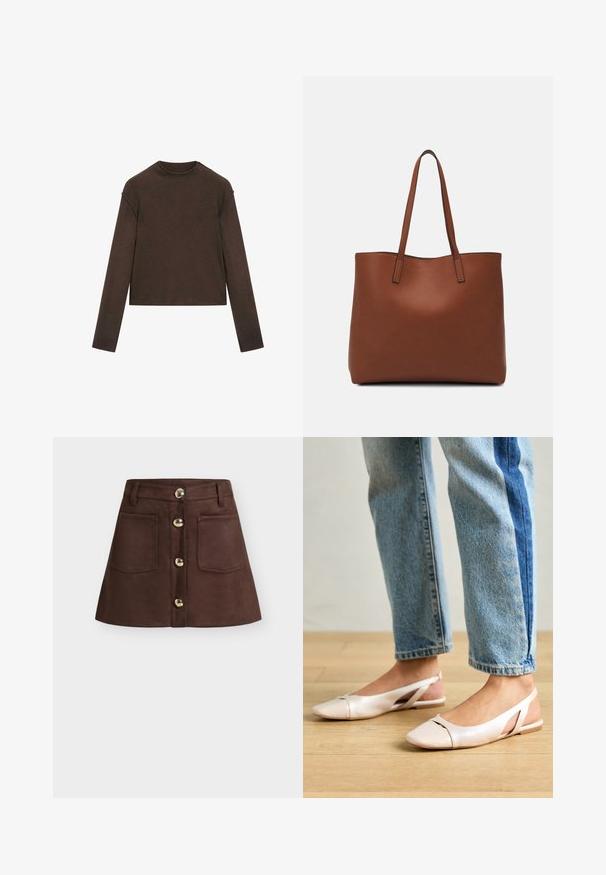 Dark brown long-sleeve crew neck sweater with a slightly cropped fit and simple, seamless design.; Brown suede mini skirt with a straight cut, featuring two front pockets and gold-tone buttons down the center for closure.; Pale pink slingback flats with a pointed toe, made from a smooth leather-like material. Features cut-out details at the sides and a flat heel.; Brown leather tote bag with a smooth texture, open top design, and two shoulder straps. Features minimal stitching and no visible hardware.