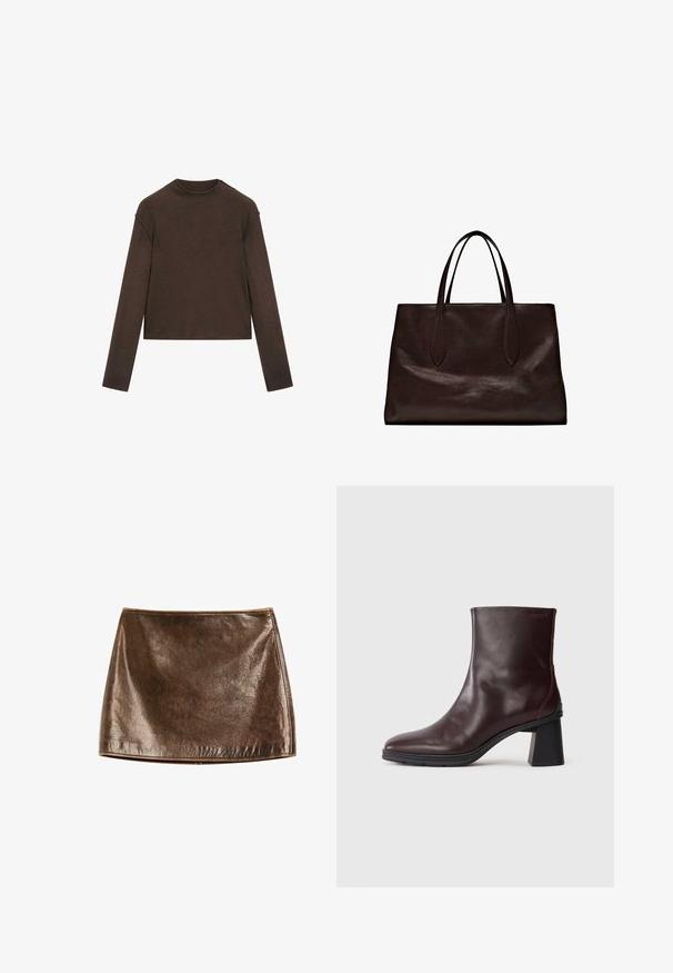 Mørkebrun langærmet trøje med rund hals, let cropped pasform og enkel, sømløs design.; Brun metallisk miniskirt med en glat, skinnende overflade. Har et enkelt design og rene linjer, med en lige kant i bunden.; Mørkebrun læder ankelstøvle med blokhæl og rund tå, vist på en ensfarvet lys grå baggrund.; Massimo Dutti Håndtasker - brown