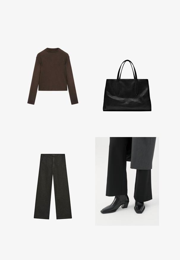 Dark brown long-sleeve crew neck sweater with a slightly cropped fit and simple, seamless design.; Wide-leg black denim pants featuring a mid-rise waist, two front pockets, and a clean, minimalist design with no visible embellishments.; Black ankle boots with a square toe and tapered heel, made of shiny leather with vertical ribbed accents on the sides.; Black leather tote bag with two elongated handles, a structured shape, smooth texture, and minimalistic design. No visible hardware or accents.