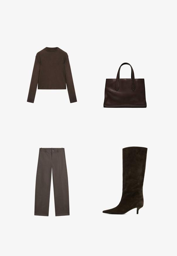 Tmavě hnědý svetr s dlouhým rukávem a kulatým výstřihem, mírně zkráceným střihem a jednoduchým, bezešvým designem.; Široké kalhoty ve tmavě hnědé látce. Mají zapínání na knoflík, dvě přední kapsy a hladkou texturu s čistými švy.; Hnědá semišová kozačka sahající ke kolenům s špičatou špičkou a nízkým podpatkem typu kitten, s hladkou texturou a bezešvým designem.; Hnědá kožená taška přes rameno s dvěma dlouhými uchy, strukturální obdélníkový tvar, hladká textura a jemné švy.