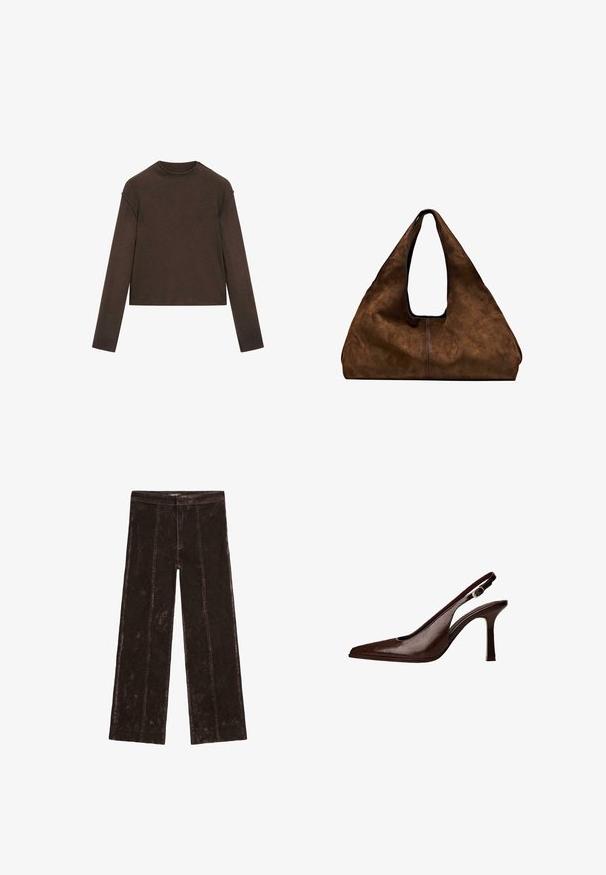 Mörkbrun tröja med lång ärm och rund hals, något kortare passform och enkel, sömlös design.; Vidbyxlade byxor i mörkbrun, med beskedlig känsla av mocka, vertikala sömmar och ett elastiskt midjeband för komfort.; Brun läder slingback-pump med spetsig tå och tunn klack. Har en liten accentspänne på remmen och en glänsande yta.; Brun mocka axelväska med öppen topp. Har en djup, bred kropp, urgröpt handtag och minimal sömnad för en ren design.
