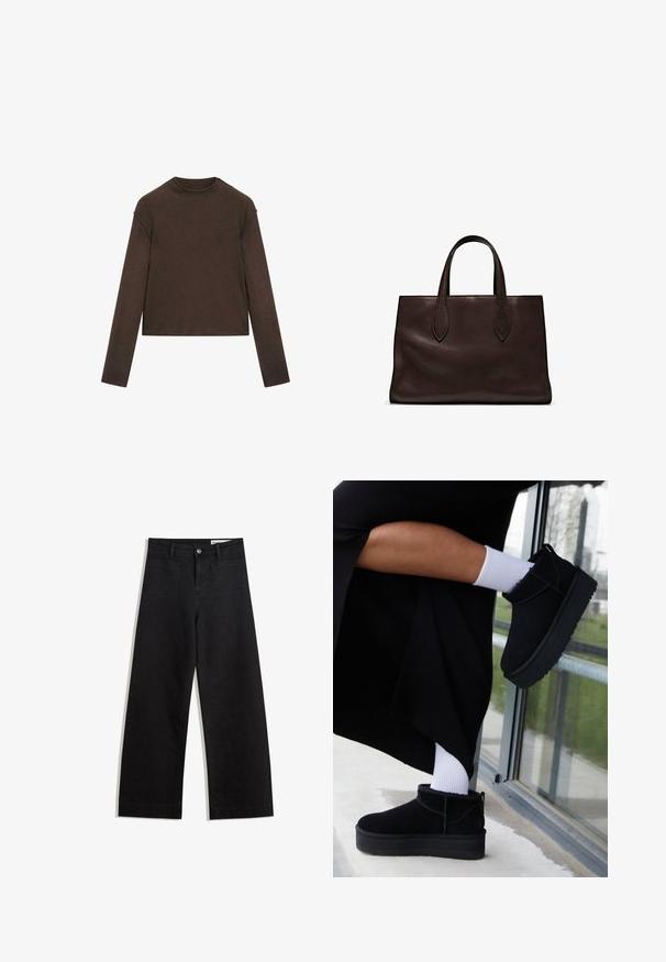 Ciemnobrązowy sweter z długim rękawem i okrągłym dekoltem, o lekko skróconym kroju i prostym, bezszwowym designie.; Czarne dżinsowe spodnie o szerokich nogawkach i wysokim stanie, z przednimi i tylnymi kieszeniami, przeszyciami oraz zapięciem na guziki. Gładka struktura.; Czarne zamszowe botki za kostkę z płaską podeszwą, z tylną pętelką do zakupu, noszone z białymi skarpetkami za kostkę na minimalistycznym tle.; Brązowa skórzana torba tote z dwoma wydłużonymi uchwytami, usztywnionym prostokątnym kształtem, gładką teksturą i subtelnymi detalami przeszycia.