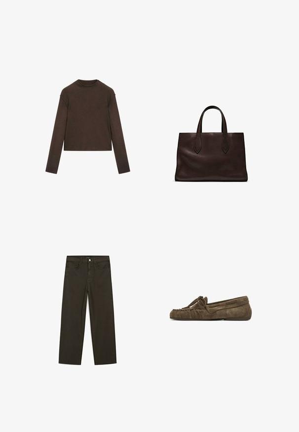 Dark brown long-sleeve crew neck sweater with a slightly cropped fit and simple, seamless design.; Dark green wide-leg jeans made of cotton blend, featuring a front button closure, five pockets, and classic denim stitching.; Suede loafers in dark brown with a gathered design, bow detail on the front, and a flat, rubber sole for comfort.; Brown leather tote bag with two elongated handles, structured rectangular shape, smooth texture, and subtle stitching details.