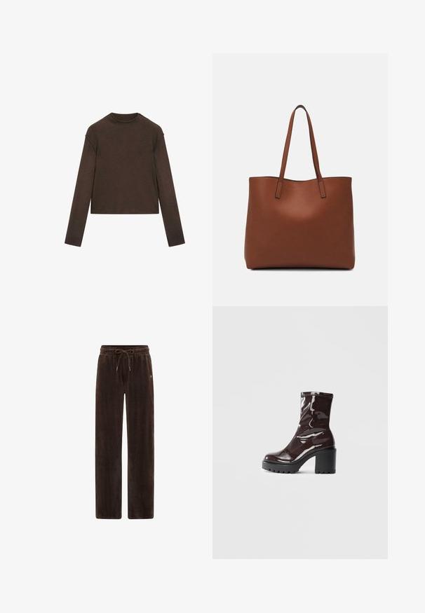 Tmavě hnědý svetr s dlouhým rukávem a kulatým výstřihem, mírně zkráceným střihem a jednoduchým, bezešvým designem.; Hnědé kordové kalhoty s volným střihem, které mají elastický pas a šňůrku na stažení. Vodorovně pruhovaný povrch s decentním logem.; Lesklá bordó kotníková bota s masivním černým podpatkem, se hladkým povrchem a jednoduchým designem. Žádné viditelné zapínání ani vzory.; Hnědá kožená taška přes rameno s hladkou texturou, otevřeným designem a dvěma ramenními popruhy. Obsahuje minimální švy a žádné viditelné kovové prvky.