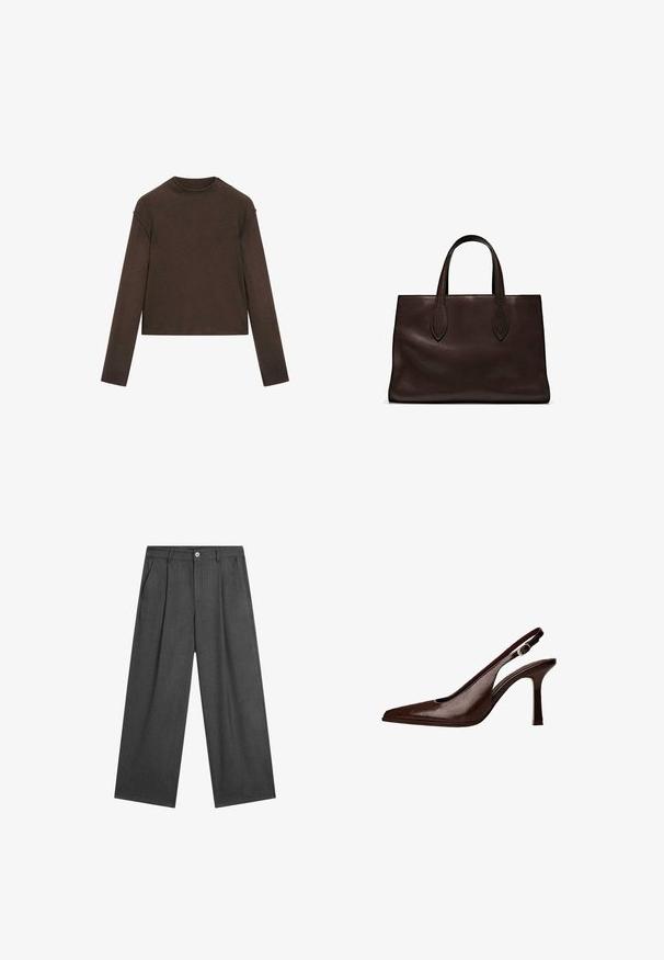 Dunkelbrauner Pullover mit Rundhalsausschnitt und langen Ärmeln, leicht cropped und schlicht, nahtlos gestaltet.; Dunkelgraue, weite Hosen mit dezenten Nadelstreifen, vorderen Falten und einem einzelnen Knopfverschluss am Bund.; Braune Leder-Slingback-Pumps mit spitzer Zehenform und dünnem Absatz. Sie verfügen über eine kleine Akzent-Schnalle am Riemen und eine glänzende Oberfläche.; Braune Ledertasche mit zwei langen Griffen, strukturierte rechteckige Form, glatte Textur und dezente Nähdetails.