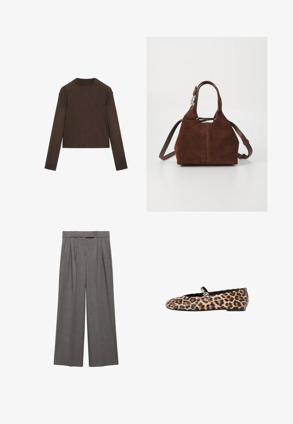 Ciemnobrązowy sweter z długim rękawem i okrągłym dekoltem, o lekko skróconym kroju i prostym, bezszwowym designie.; Szare spodnie o szerokich nogawkach wykonane z teksturowanej tkaniny, z wysokim stanem, pliskami i kieszeniami bocznymi.; Baleriny w panterkę, z czarnym akcentem wokół otwarcia i małym paskiem z metalowym klamrą. Teksturowana górna część z materiału, płaska podeszwa.; Brązowa torebka z zamszu o uporządkowanej konstrukcji, z podwójnymi uchwytami i odpinanym skórzanym paskiem na ramię. Dodatki w srebrnym kolorze.