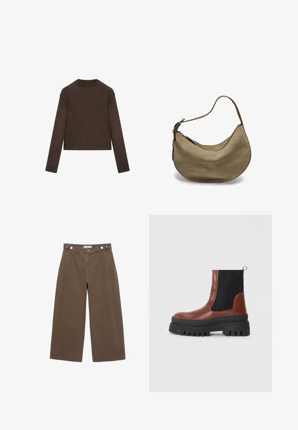 Tmavě hnědý svetr s dlouhým rukávem a kulatým výstřihem, mírně zkráceným střihem a jednoduchým, bezešvým designem.; Hnědé kalhoty s širokými nohavicemi vyrobené z odolného materiálu. Mají dvě přední kapsy, zapínání na knoflíky a uvolněný střih s hladkým povrchem.; Hnědé kožené kotníkové boty s černými elastickými panely, robustní černou gumovou podrážkou a poutkem vzadu pro snadné obutí.; Hnědá semišová hobo taška s zakřiveným tvarem, jedním ramenním popruhem, zipovým uzávěrem a hladkým povrchem. Jednoduchý design s minimem kovových detailů.