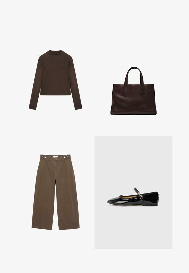 Dunkelbrauner Pullover mit Rundhalsausschnitt und langen Ärmeln, leicht cropped und schlicht, nahtlos gestaltet.; Braune weit geschnittene Hosen aus strapazierfähigem Stoff. Verfügt über zwei Fronttaschen, einen Knopfverschluss und eine lockere Passform mit glatter Textur.; Schwarze Lackleder-Ballerinas mit spitzem Zehenbereich und schmalem Schnallenriemen auf einem hellgrauen Hintergrund.; Braune Ledertasche mit zwei langen Griffen, strukturierte rechteckige Form, glatte Textur und dezente Nähdetails.