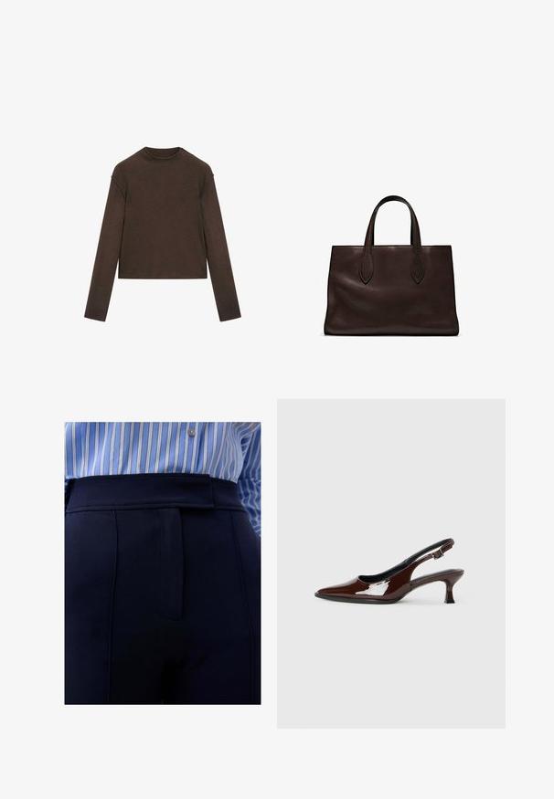 Dark brown long-sleeve crew neck sweater with a slightly cropped fit and simple, seamless design.; Scalpers SUN - Trousers - navy; Brown patent leather slingback shoe with a pointed toe and a moderate heel. Features a buckle strap for secure fit. Smooth texture.; Brown leather tote bag with two elongated handles, structured rectangular shape, smooth texture, and subtle stitching details.