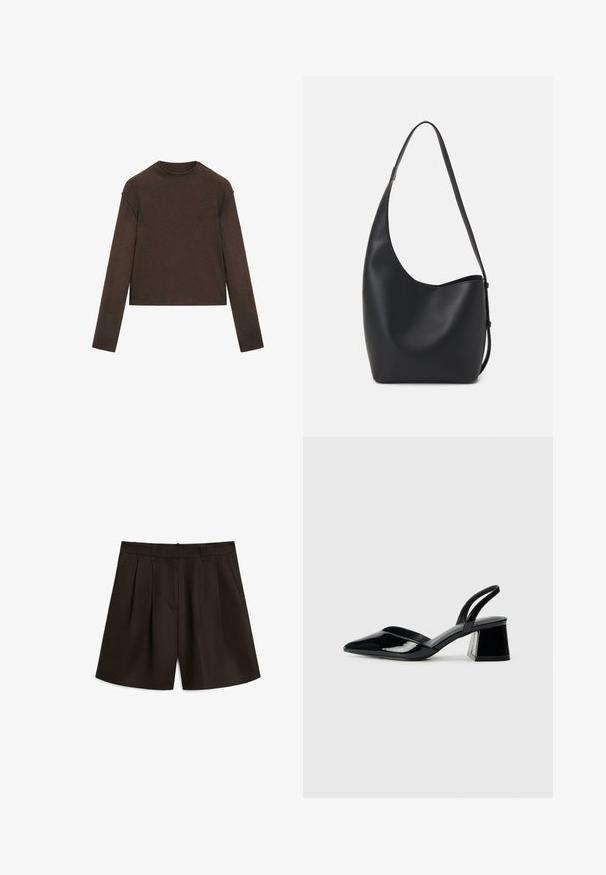 Mørkebrun langærmet trøje med rund hals, let cropped pasform og enkel, sømløs design.; Massimo Dutti PLEATED BERMUDA - Shorts - dark brown; Sorte patentlæder slingback hæle med spids tå og en geometrisk blok hæl. Har et elegant, minimalistisk design og en glat tekstur.; Sort læder hobo taske med en glat overflade, buet form og en enkelt justerbar rem; har en bred åbning øverst.
