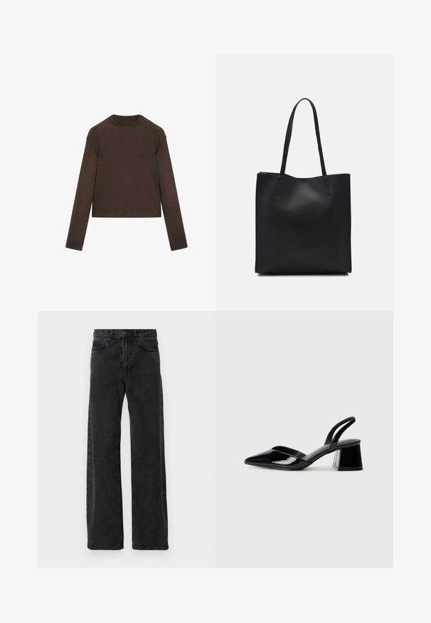 Dark brown long-sleeve crew neck sweater with a slightly cropped fit and simple, seamless design.; Black denim jeans with a wide-leg design, featuring a classic five-pocket style, button closure, and subtle fading.; Black patent leather slingback heels with a pointed toe and a geometric block heel. Features a sleek, minimal design and smooth texture.; Black leather tote bag with smooth texture, rectangular shape, and two long handles. No visible hardware or embellishments.