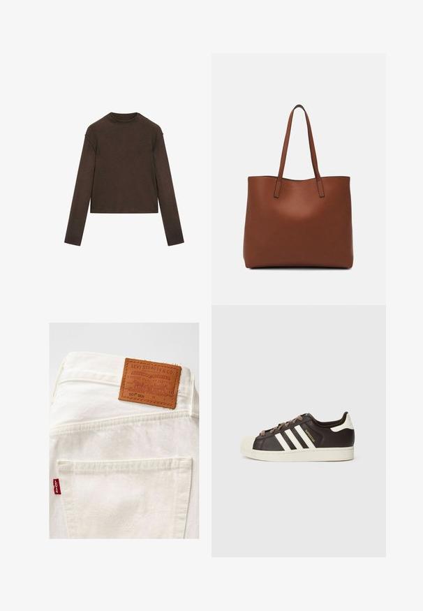 Maglione a maniche lunghe color marrone scuro con scollo rotondo, leggermente corto e dal design semplice e senza cuciture.; Jeans in denim bianco con un'etichetta in pelle marrone con dettagli in rilievo. Include il logo rosso Levi's sulla tasca, che mostra una cucitura classica.; Sneaker Adidas Superstar low-top in pelle marrone scuro con punta a conchiglia crema, strisce bianche e scritta "Superstar" sul lato.; Borsa tote in pelle marrone con texture liscia, design con apertura superiore e due spallacci. Presenta cuciture minime e nessun hardware visibile.