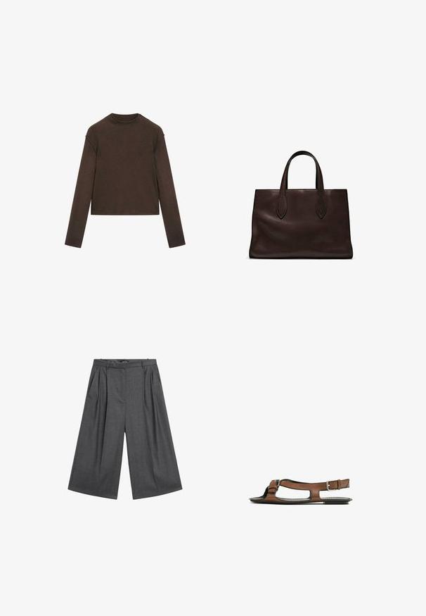 Dark brown long-sleeve crew neck sweater with a slightly cropped fit and simple, seamless design.; Gray wide-leg trousers made of textured fabric, featuring front pleats, a high waist, and side pockets. Flat waistband without visible closure.; Brown leather sandal with an open toe and side cutouts. Features an ankle strap with a metal buckle and a flat sole.; Brown leather tote bag with two elongated handles, structured rectangular shape, smooth texture, and subtle stitching details.