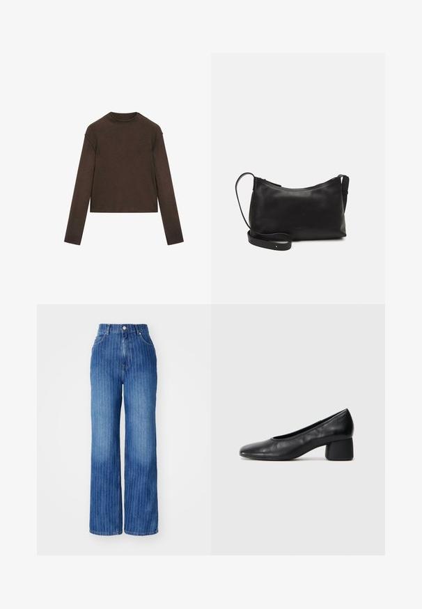 Mörkbrun tröja med lång ärm och rund hals, något kortare passform och enkel, sömlös design.; Blå denim wide-leg jeans med vertikala vita ränder, hög midja och femficksdesign, med knapp- och dragkedjestängning.; Svart läderpumpsko med rund tå och medelhög blockklack. Slät textur med minimal detaljering, med en diskret elastisk öppning.; Svart läder axelväska med en slät yta, rundad form, justerbar rem och dragkedjestängning. Minimalistisk design utan utsmyckningar.